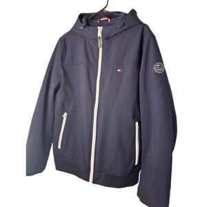 Tommy‎ Hilfiger 1985 Navy Blue Bomber Style Soft shell Hooded Jacket Mens Medium
